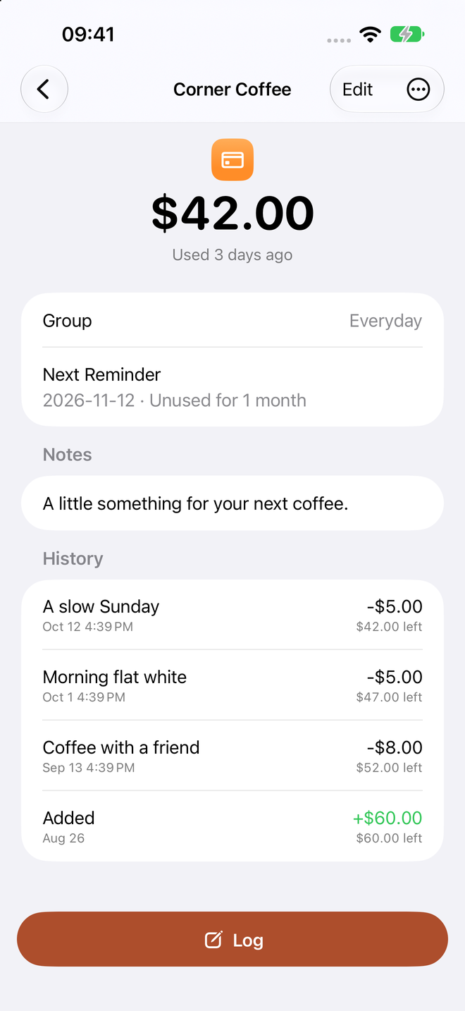 Corner Coffee detail showing a $42 balance and a history of spending