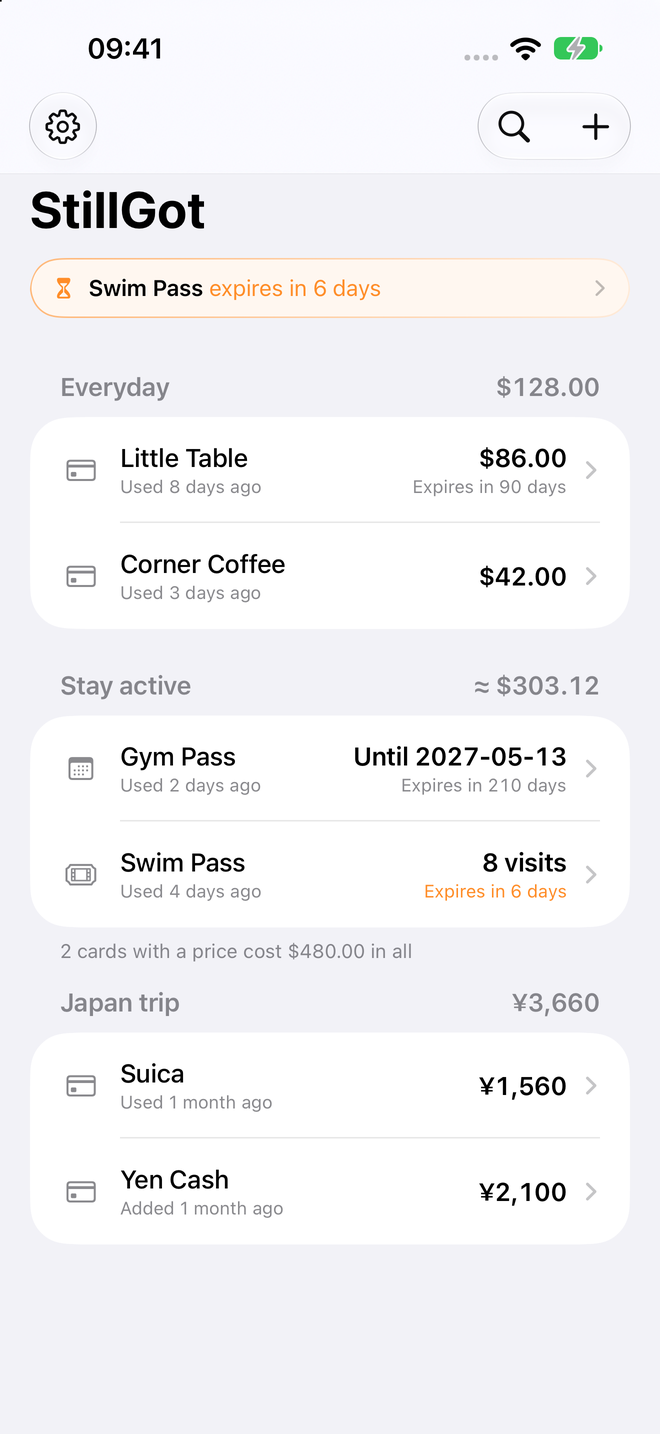 StillGot home with gift card balances, a swim pass, a gym membership and Japanese travel cash