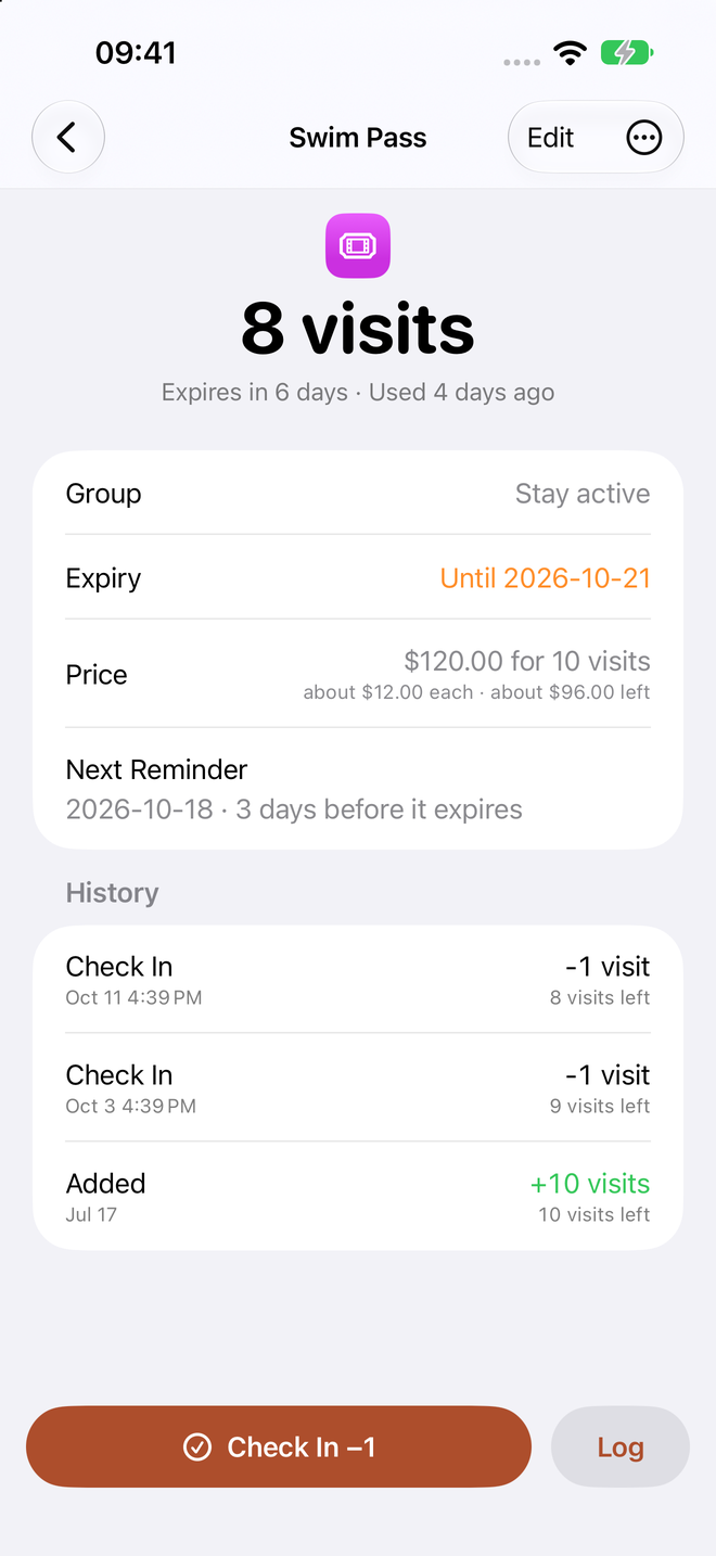 Swim Pass showing 8 visits left, its expiry date, price and next reminder